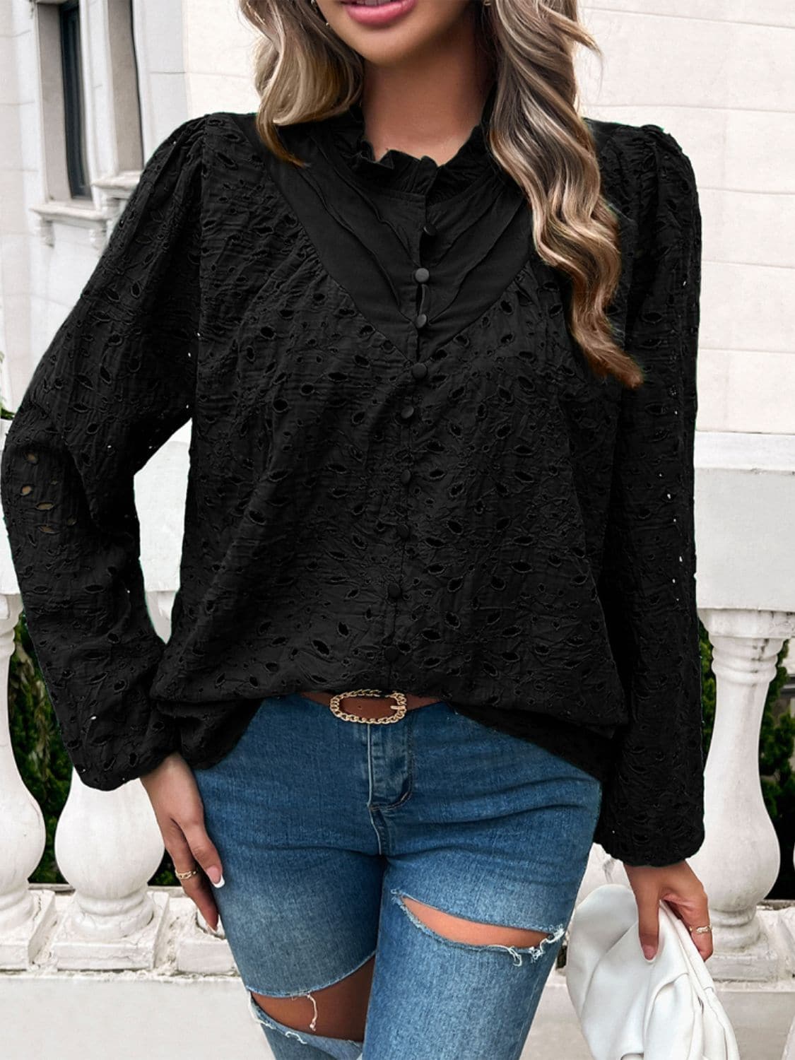 Frill Round Neck Long Sleeve Shirt.