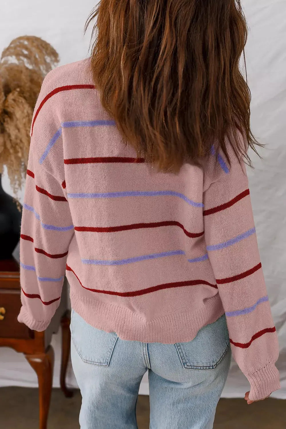 Striped Drop Shoulder Long Sleeve Sweater Simply Love