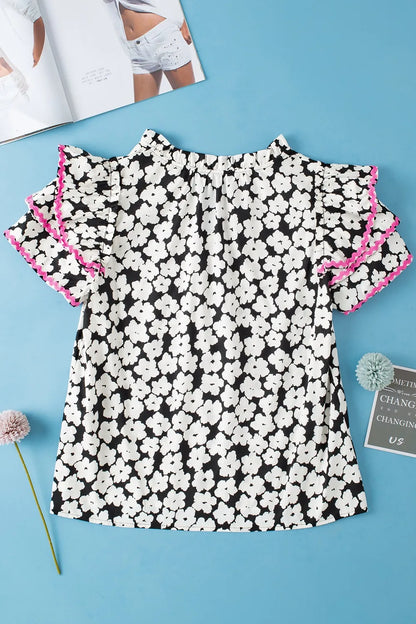 Printed V-Neck Flounce Sleeve Blouse