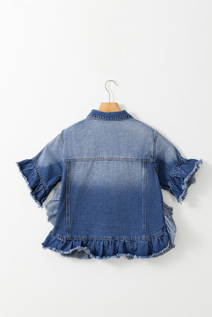 Peacock blue ruffled denim jacket