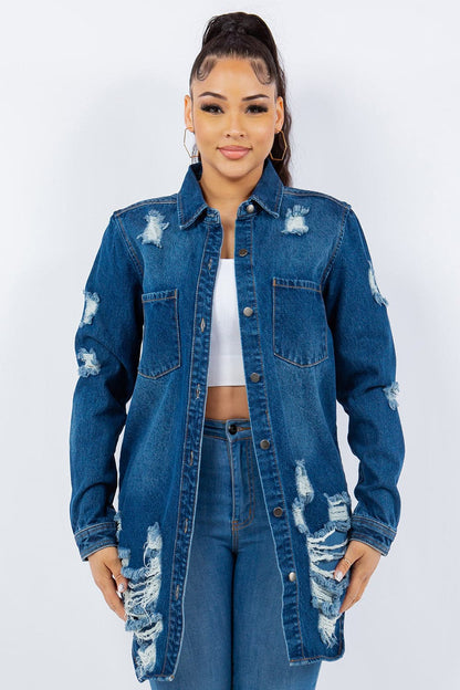 Distressed denim jacket with button-up front and long sleeves