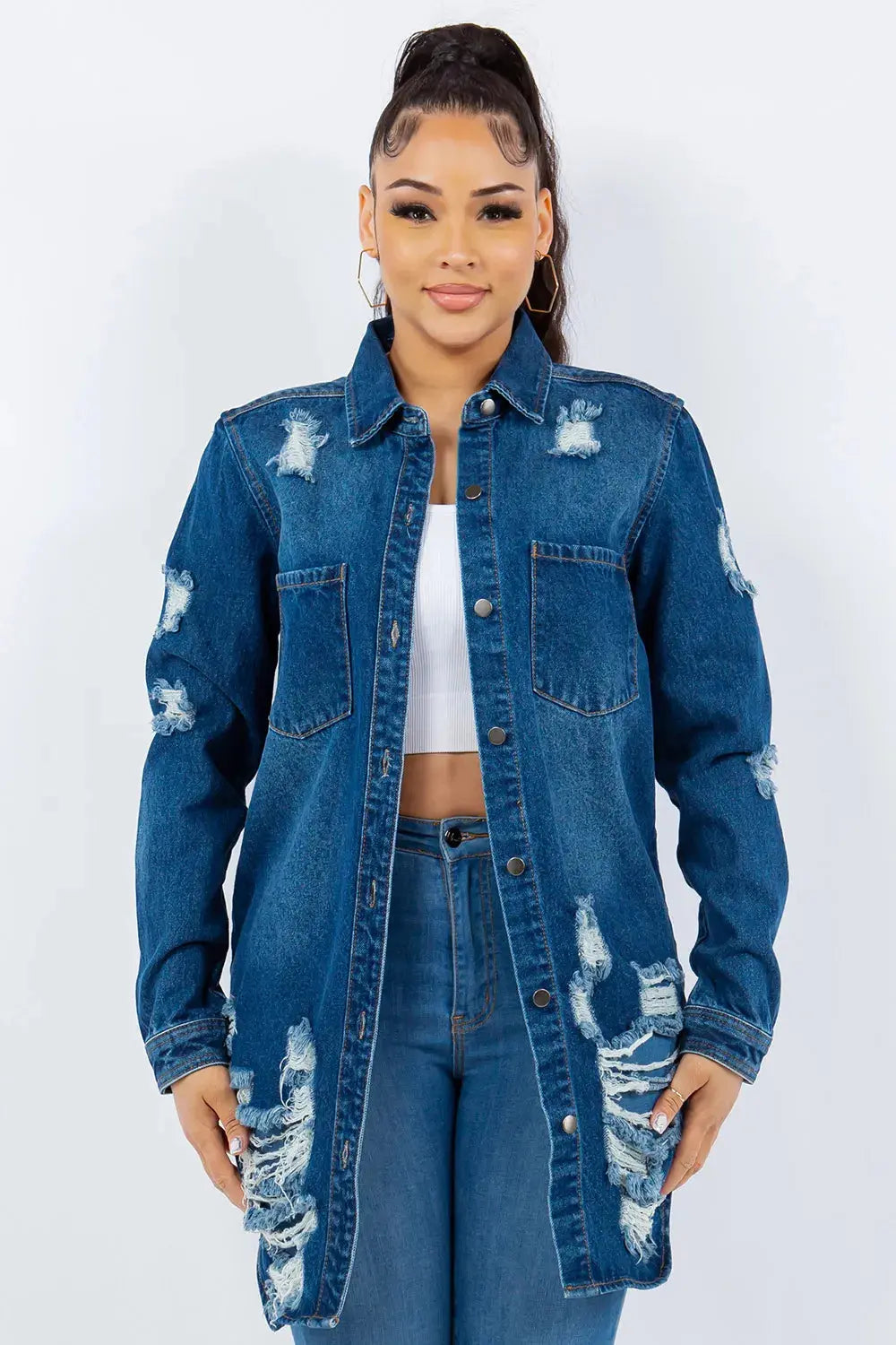 American Bazi Distressed Button Up Long Sleeve Denim Jacket - Love Salve 