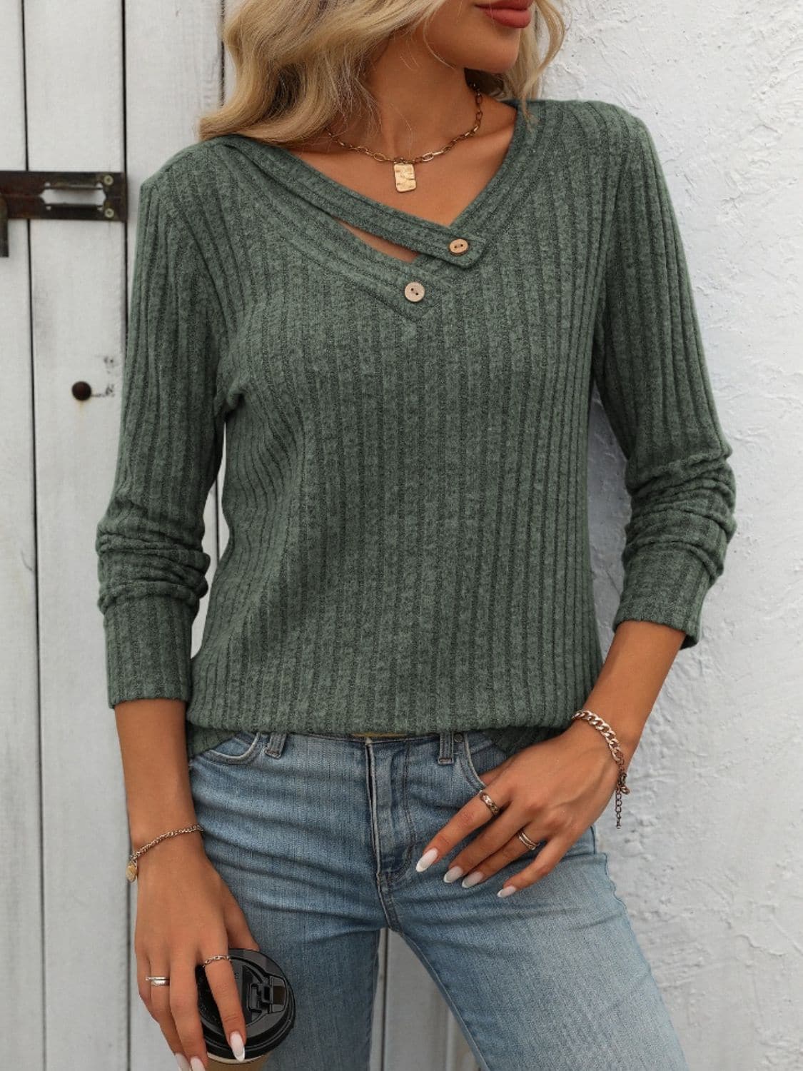 Ribbed V-Neck Long Sleeve T-Shirt.