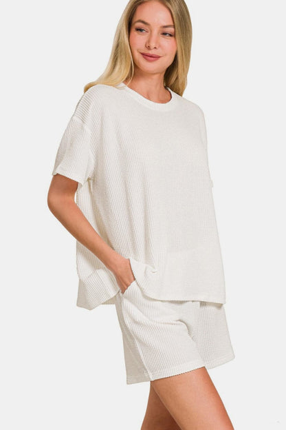 Relaxed elegance: Zenana ribbed t-shirt and shorts ensemble