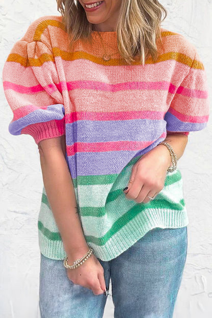 Vibrant Rose Red Striped Bubble Sleeve Sweater