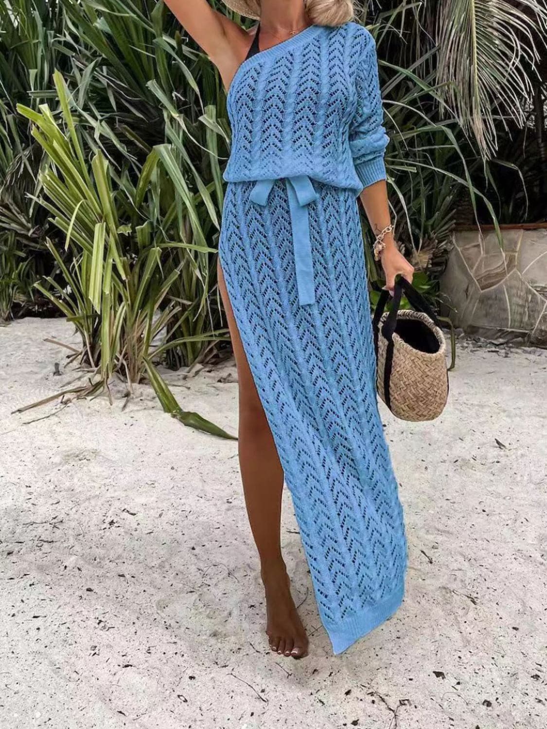 Slit Openwork Single Shoulder Knit Dress.