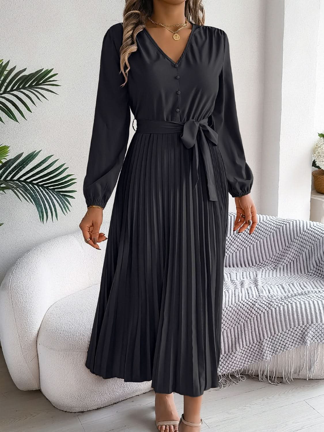 Elegant V-Neck Long Sleeve Dress with Sheer Tied Design - Love Salve 