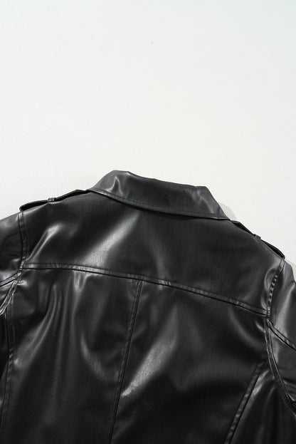 Chic black PU leather lapel collar motorcycle jacket