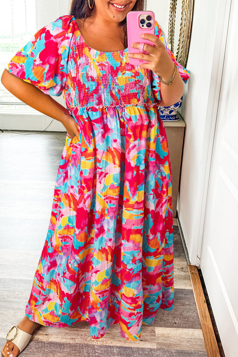 Rose Abstract Printed Puff Sleeve Square Neck Plus Size Dress With Smocked Bust Dear-Lover Dropshipping