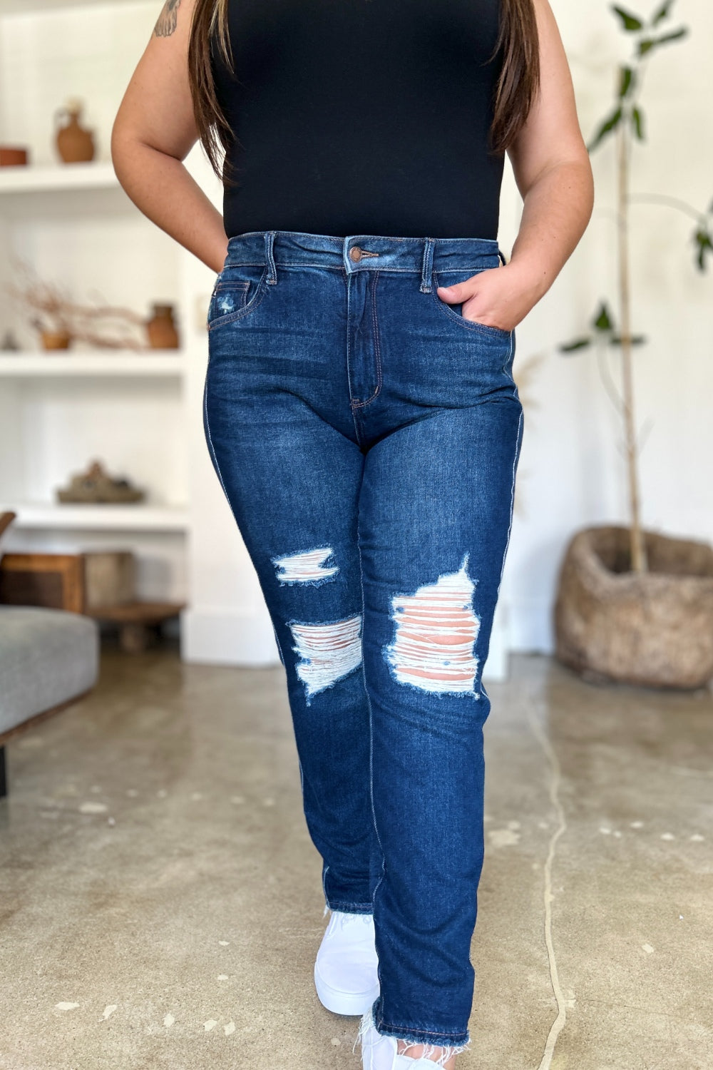 Judy Blue Full Size High Waist Rigid Magic Heavy Destroy Straight Jeans Coco’s Tee Boutique