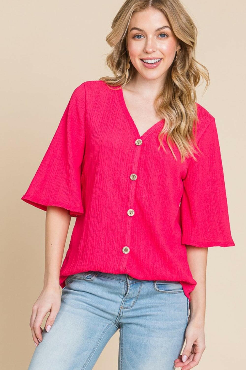 BOMBOM Texture Decorative Button V-Neck Top.