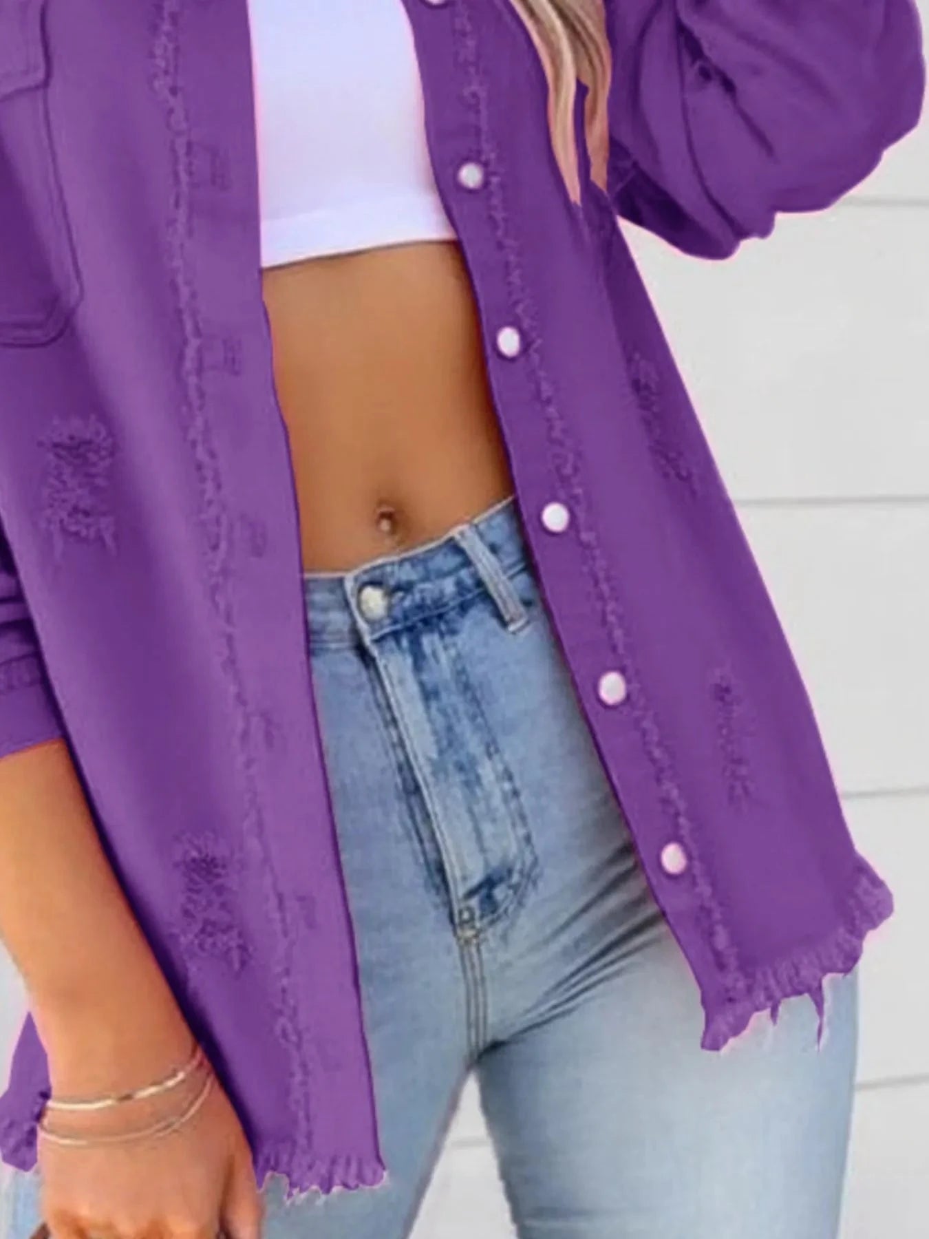 Distressed Denim Jacket with Frayed Edges Coco’s Tee Boutique