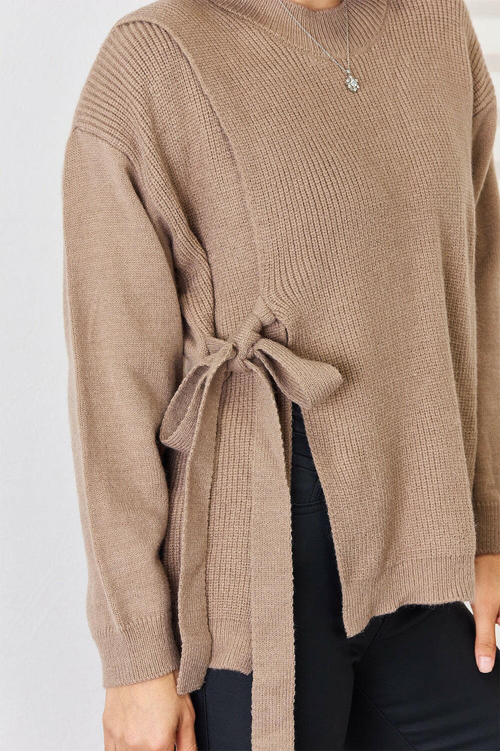 Slit Tied Dropped Shoulder Sweater.