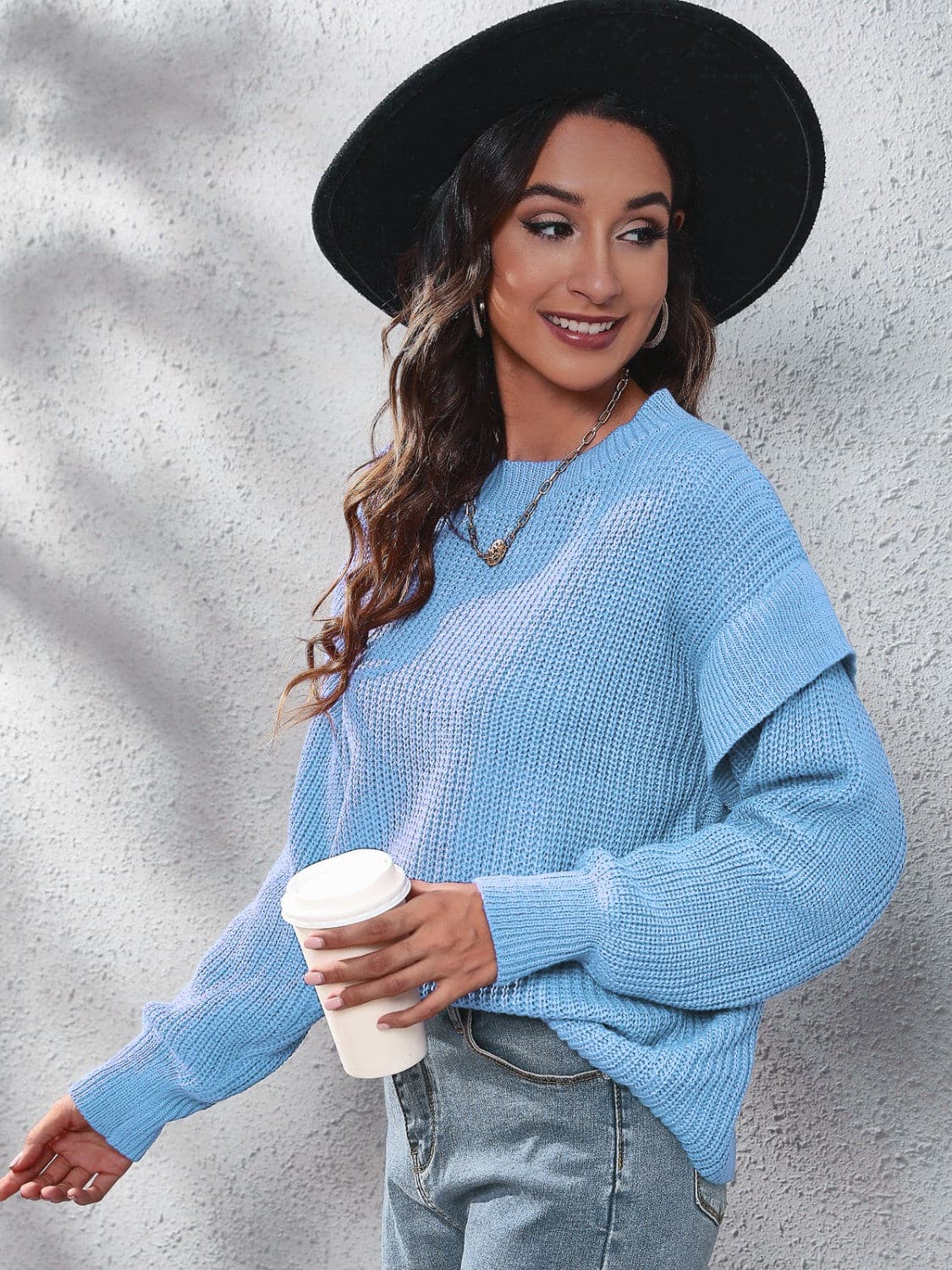 Ruffled Round Neck Dropped Shoulder Sweater.