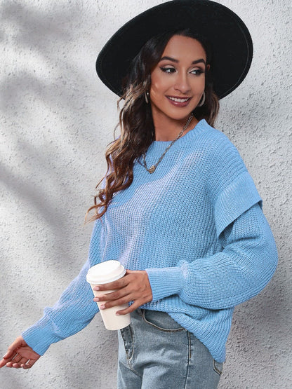 Ruffled Round Neck Dropped Shoulder Sweater.