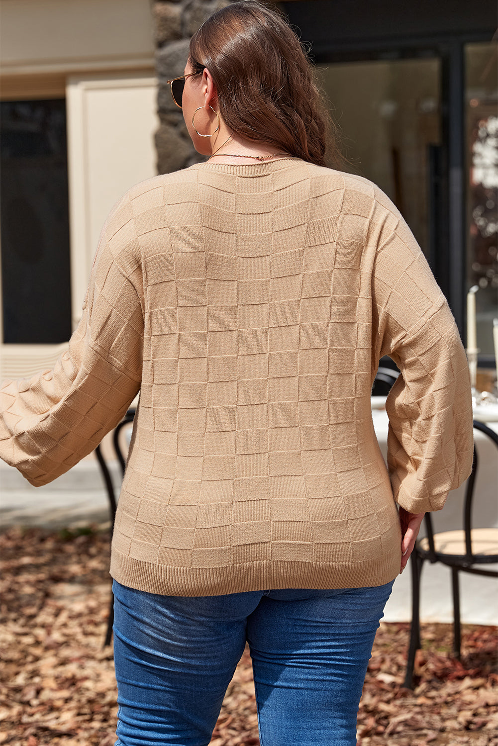 Cozy elegance: Light beige checkered textured knit sweater in plus sizes