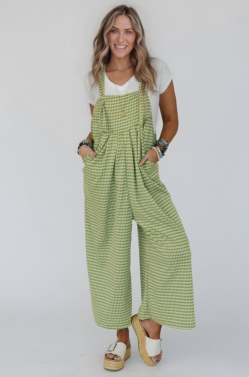 Green Gingham Wide Leg Overalls With Pockets For Women Dear-Lover Dropshipping