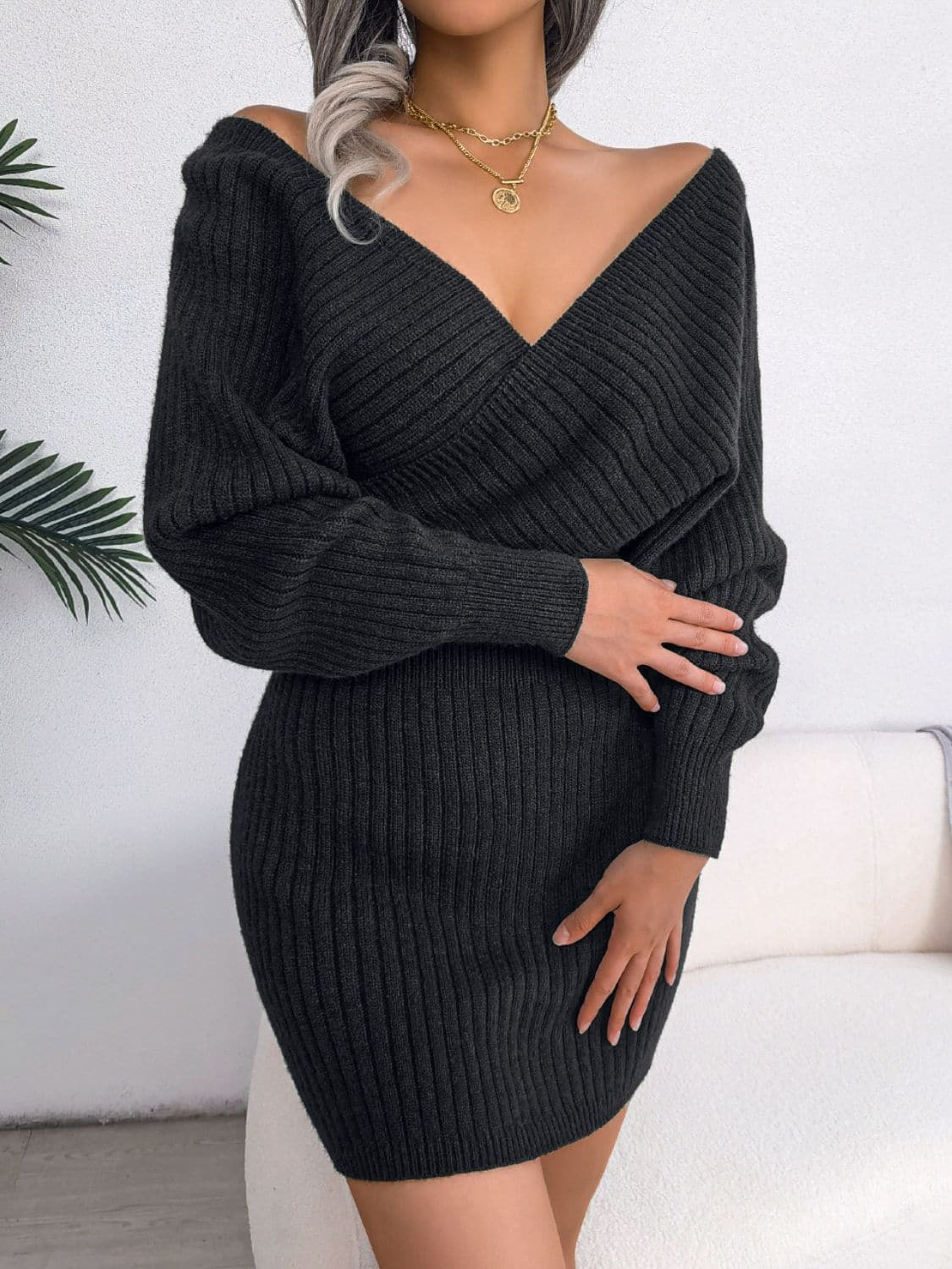 Rib-Knit Dolman Sleeve Sweater Dress.