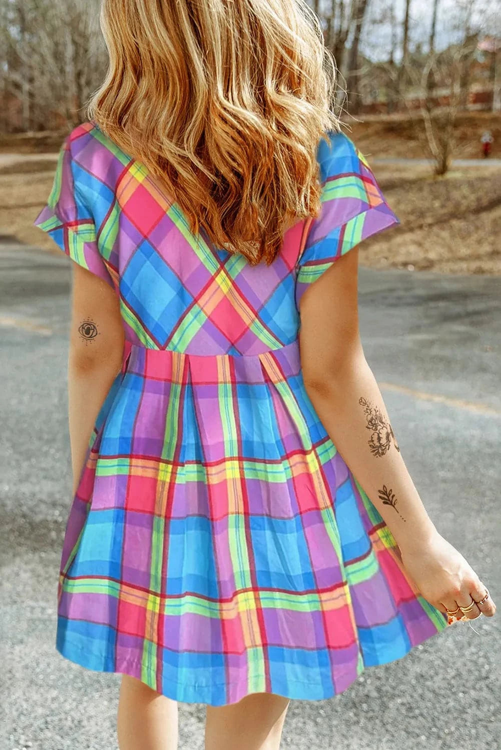 Plaid Notched Short Sleeve Mini Dress.