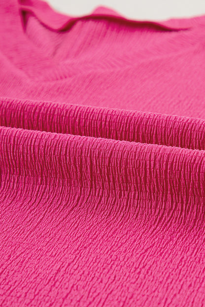 Bright Pink Crinkled V Neck Wide Sleeve T-shirt