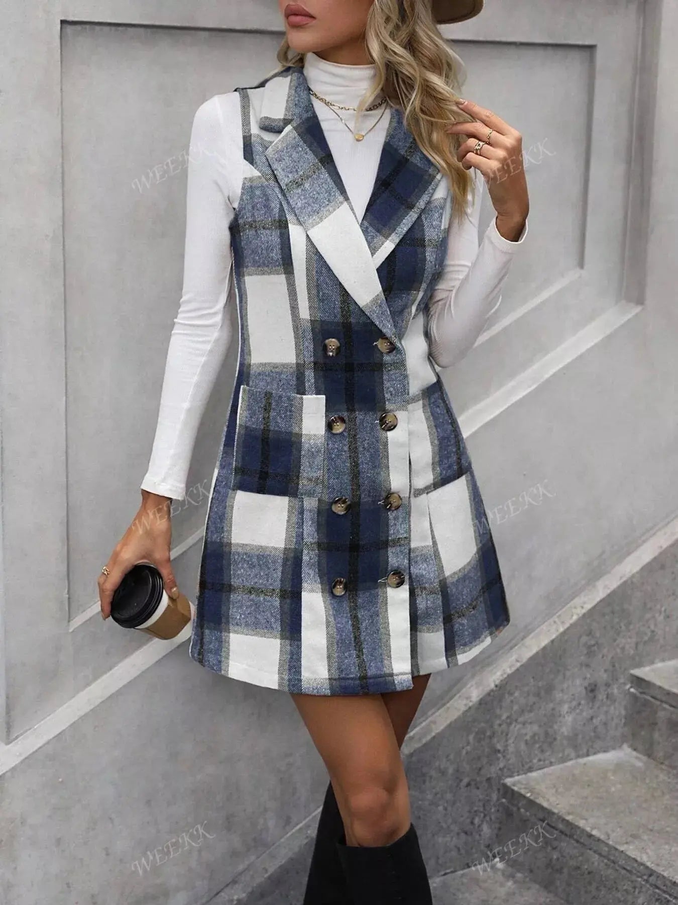 Plaid Double-Breasted Sleeveless Blazer Dress Simply Love