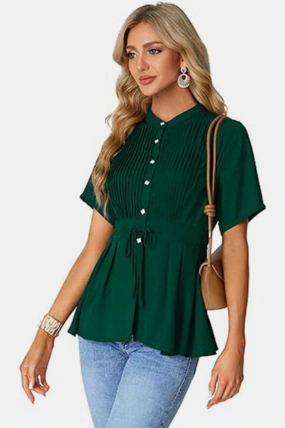 Tied Round Neck Short Sleeve Blouse.