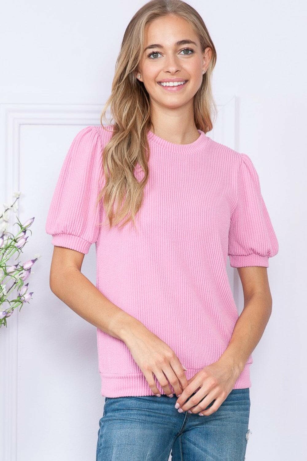 Reborn J Ribbed Round Neck Short Sleeve TopUpgrade Your Wardrobe with the Reborn J Ribbed Round Neck Short Sleeve Top
 Indulge in the perfect blend of sophistication and versatility with the Reborn J Ribbed RLove Salve Ribbed Round Neck Short Sleeve TopBlouses