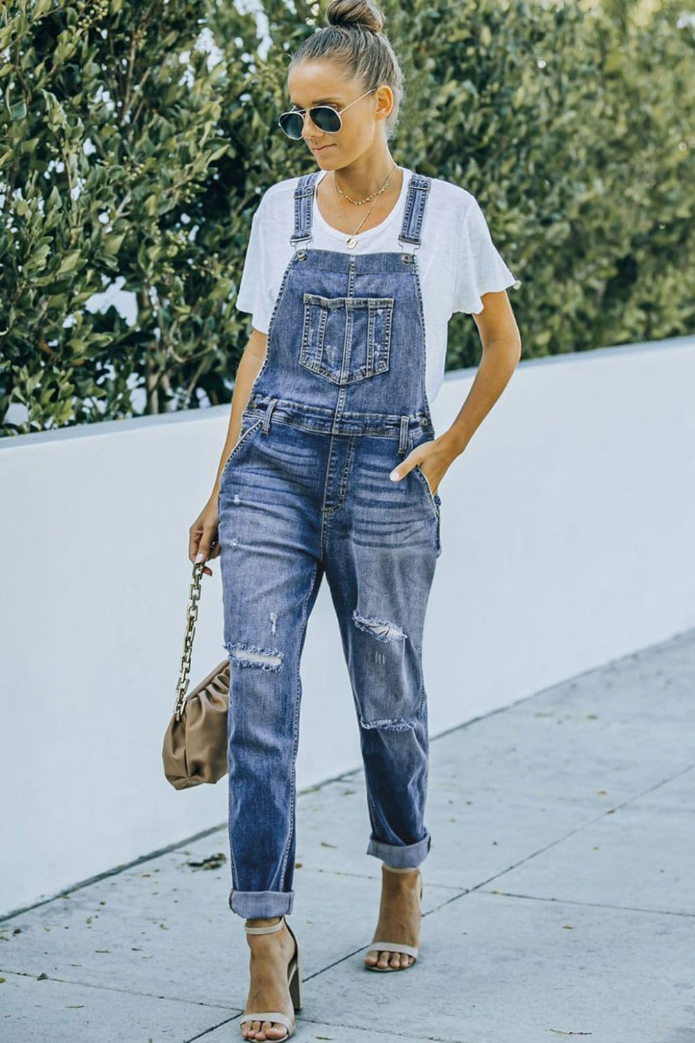 Pocketed Distressed Denim Overalls.