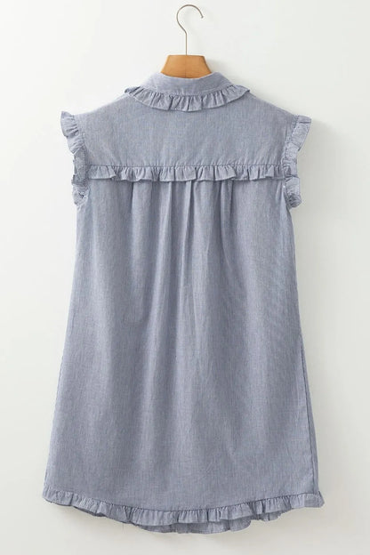Stripe Frilled Ruffled Cap Sleeve Button Up Mini Dress