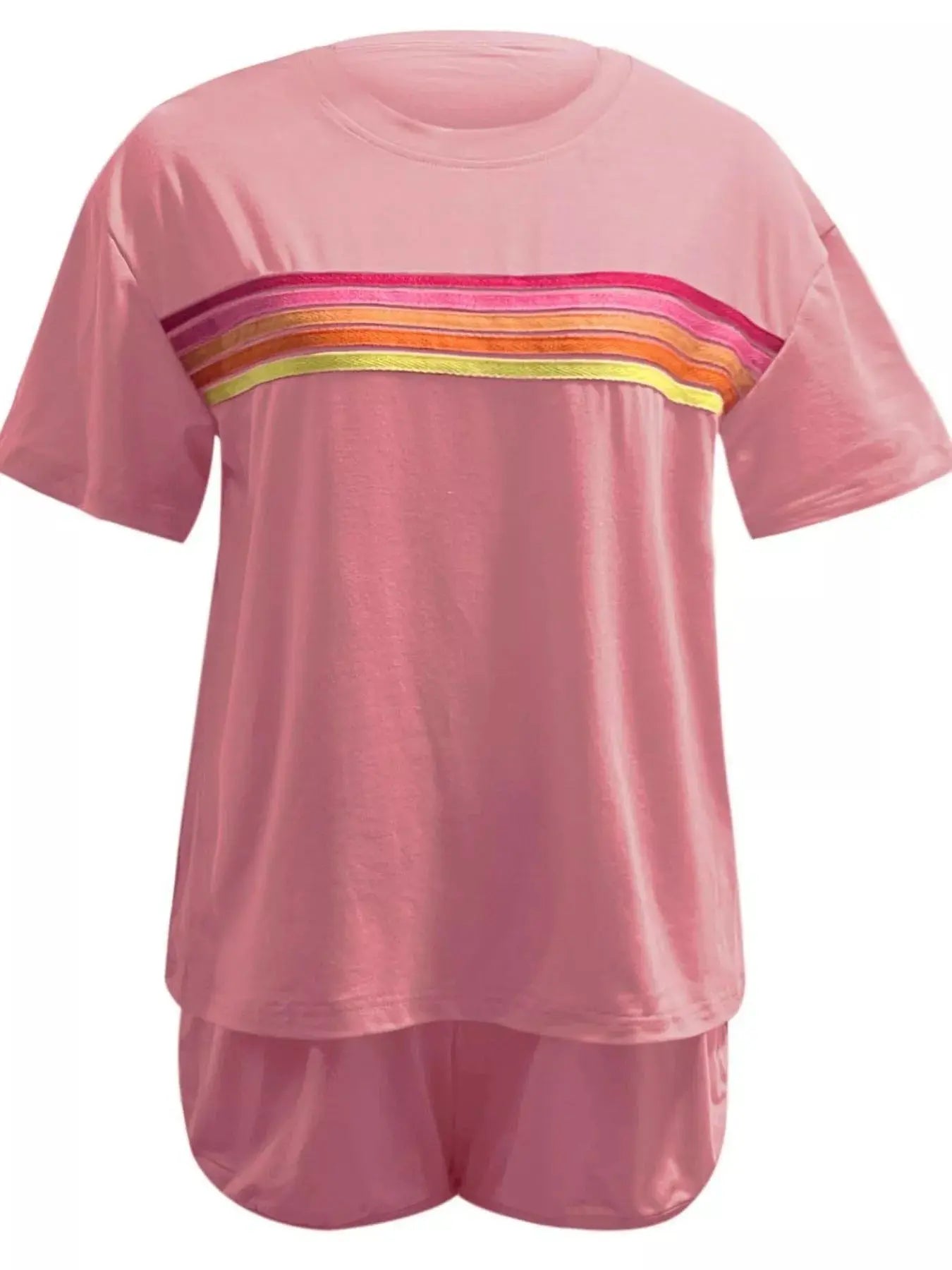 Rainbow Striped Round Neck Top and Shorts Set Simply Love