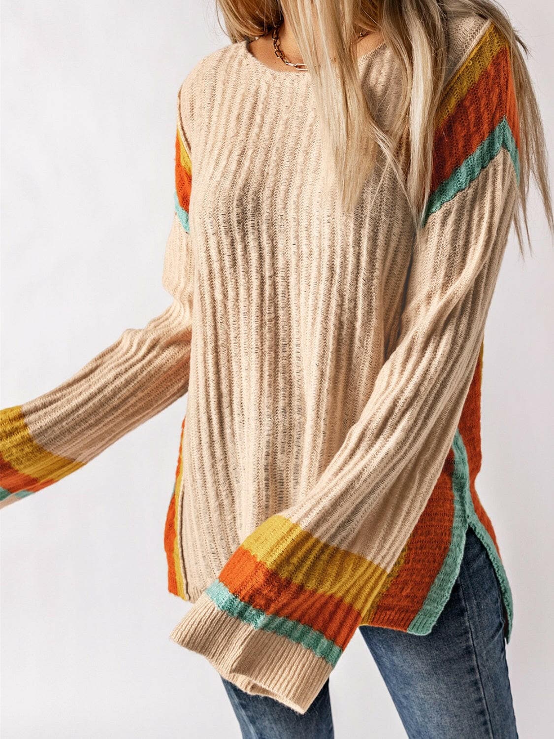 Striped Round Neck Long Sleeve Sweater.