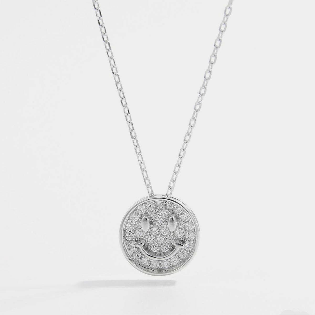 925 Sterling Silver Zircon Smiley Face Necklace.