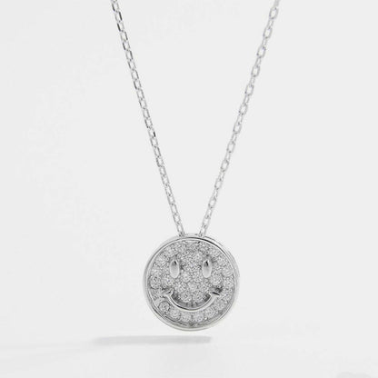 925 Sterling Silver Zircon Smiley Face Necklace.