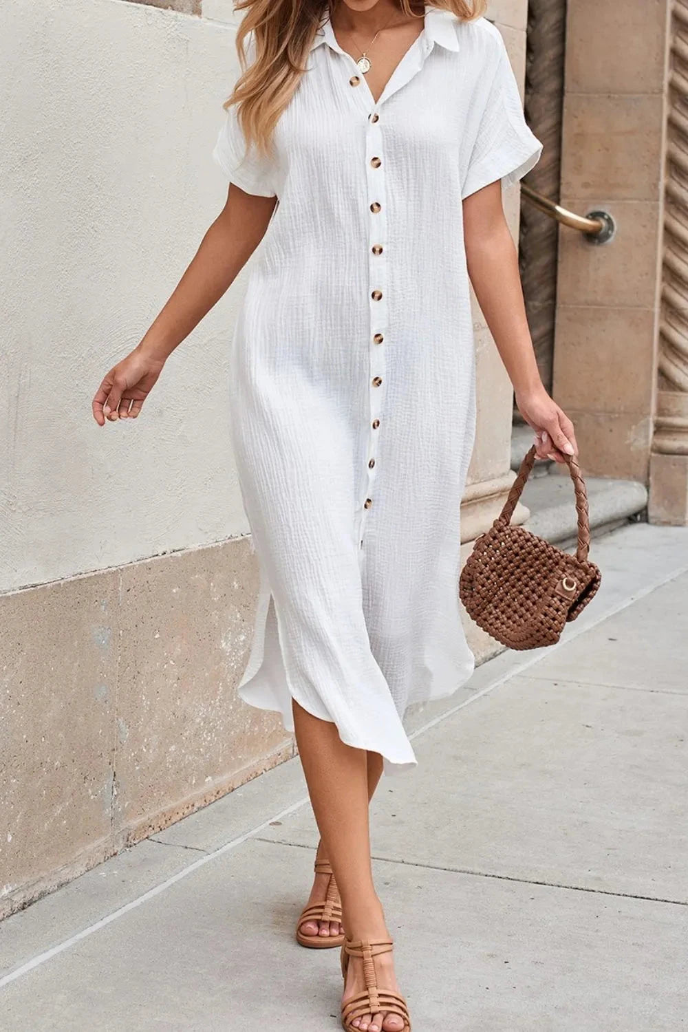 Button Down Short Sleeve Midi Shirt Dress Simply Love