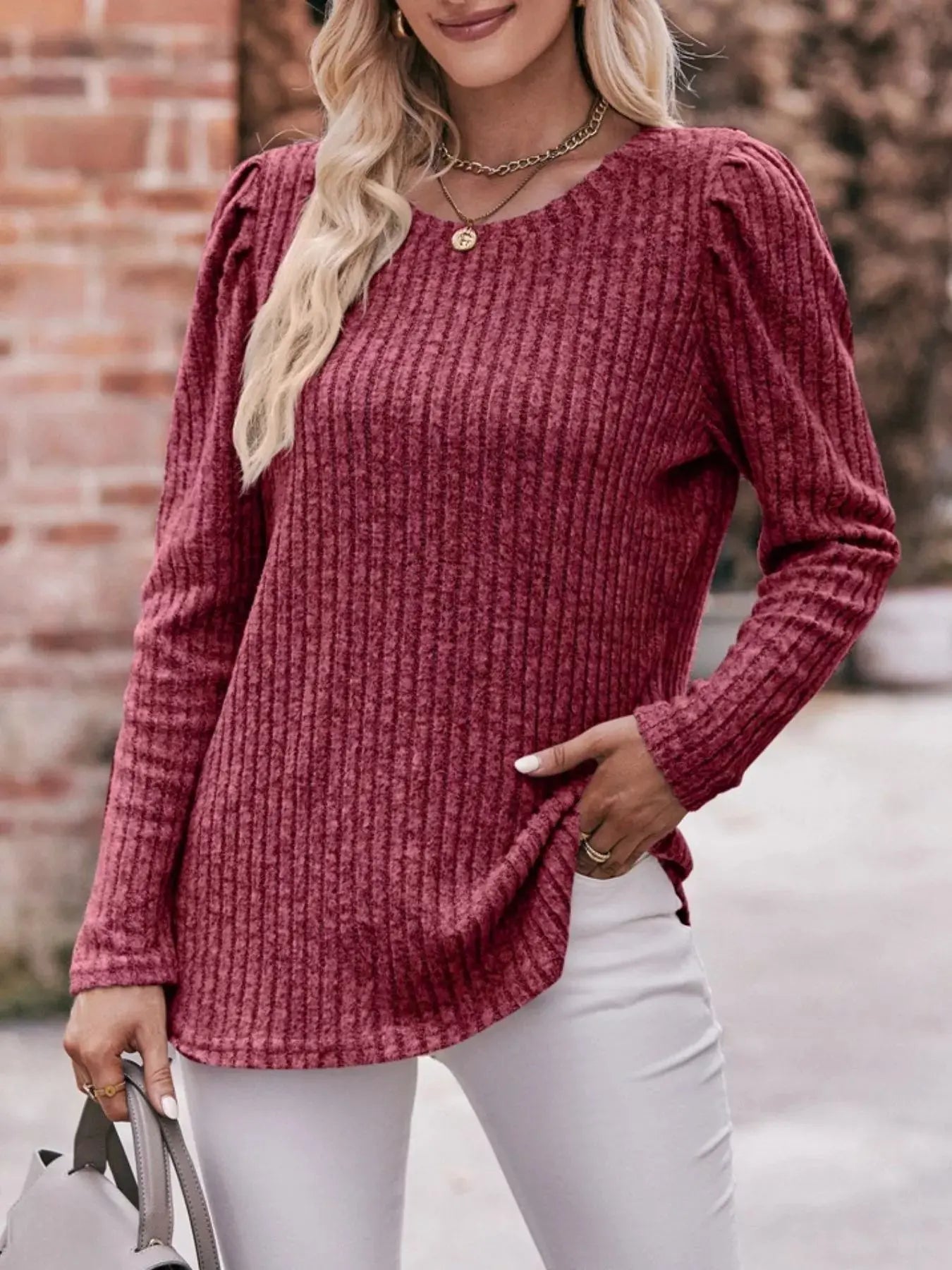 Ribbed Knit Puff Sleeve T-Shirt Simply Love