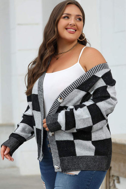 Chic black plaid cardigan, V-neck