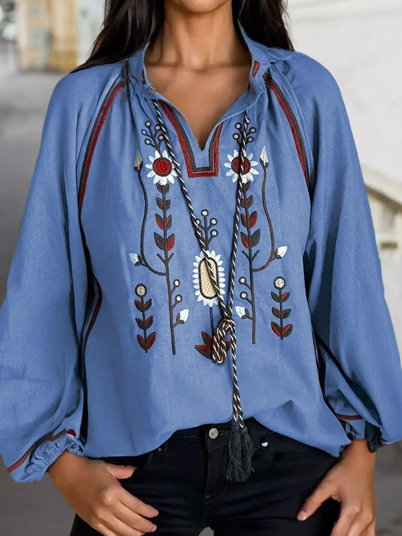 Blue Floral Embroidered Split Neck Tassel Tie Puff Sleeve Blouse Simply Love