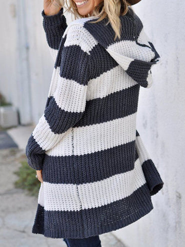 Striped Open Front Hooded Cardigan.