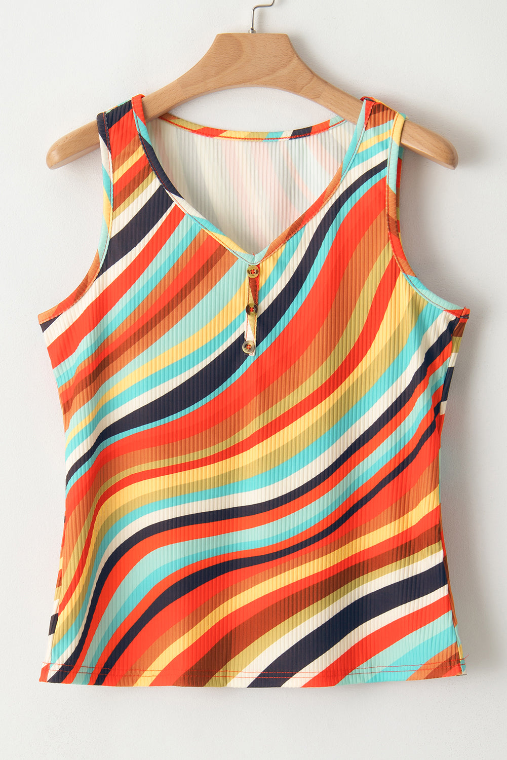 Chic multicolour wavy striped v-neck tank top with button details