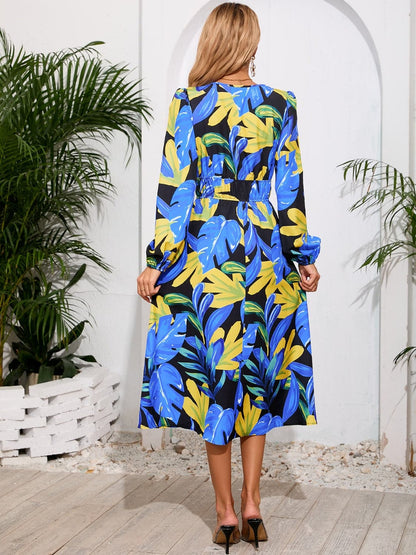 Printed Surplice Long Sleeve Midi Dress.