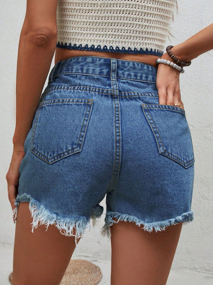 Distressed Raw Hem Denim Shorts.