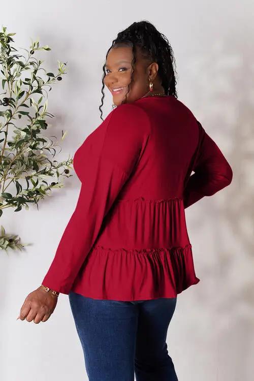 Double Take Half Button Long Sleeve Ruffle Hem Blouse - Love Salve