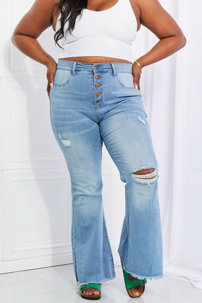 Vibrant MIU Full Size Jess Button Flare Jeans