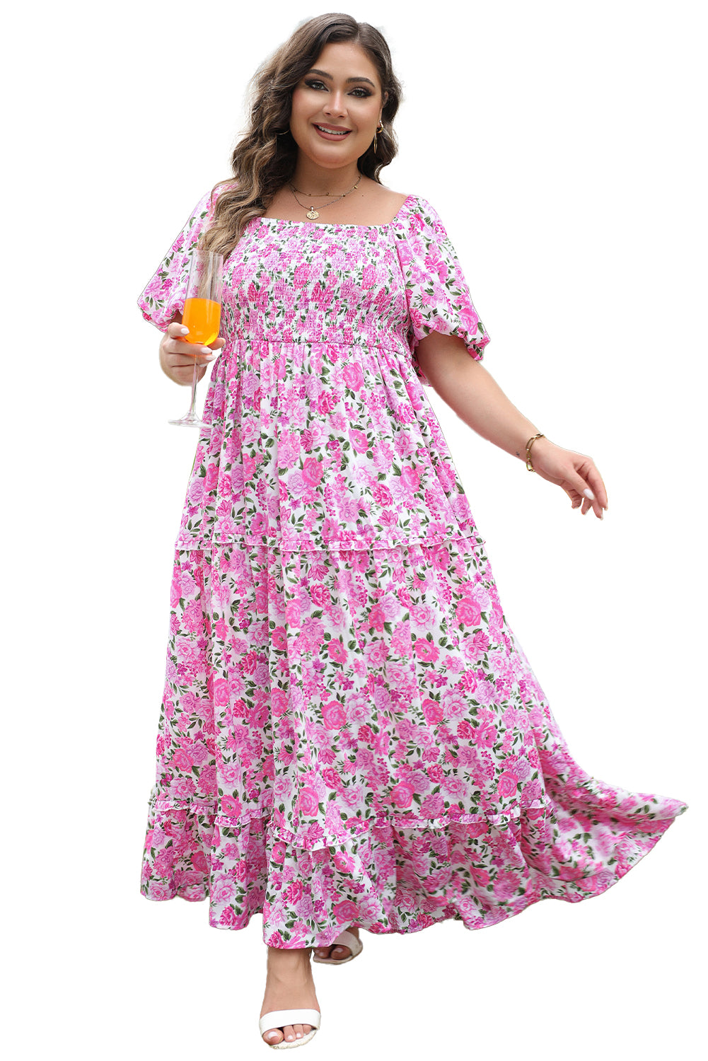 Chic pink floral plus size smocked maxi dress with puff sleeves