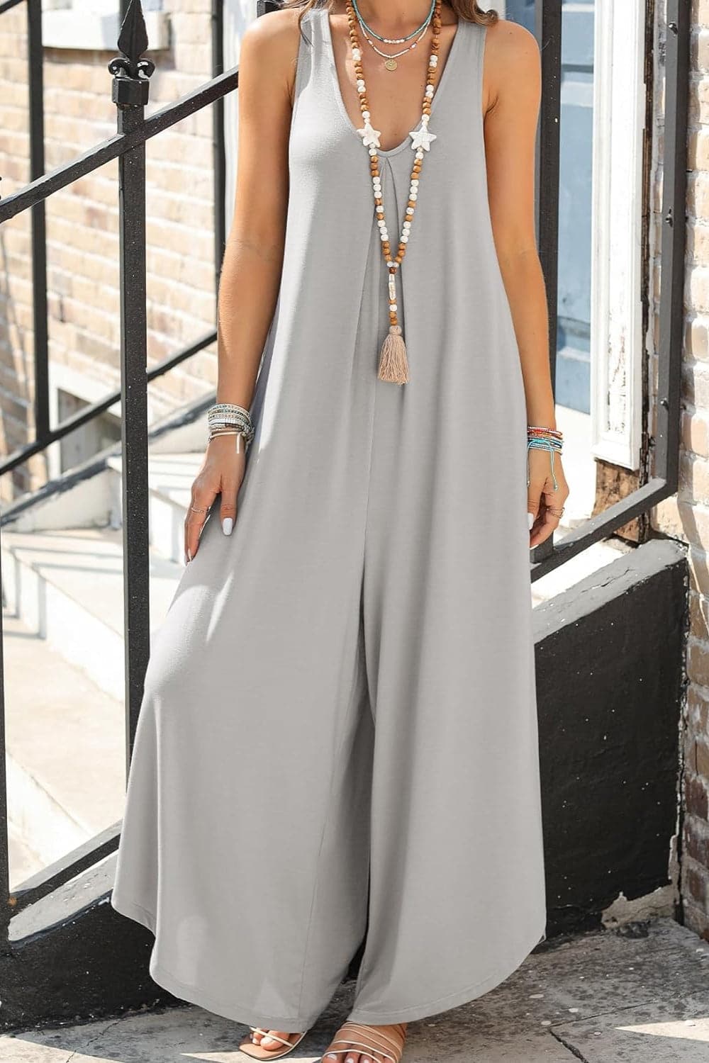 Pocketed Scoop Neck Wide Leg Jumpsuit.