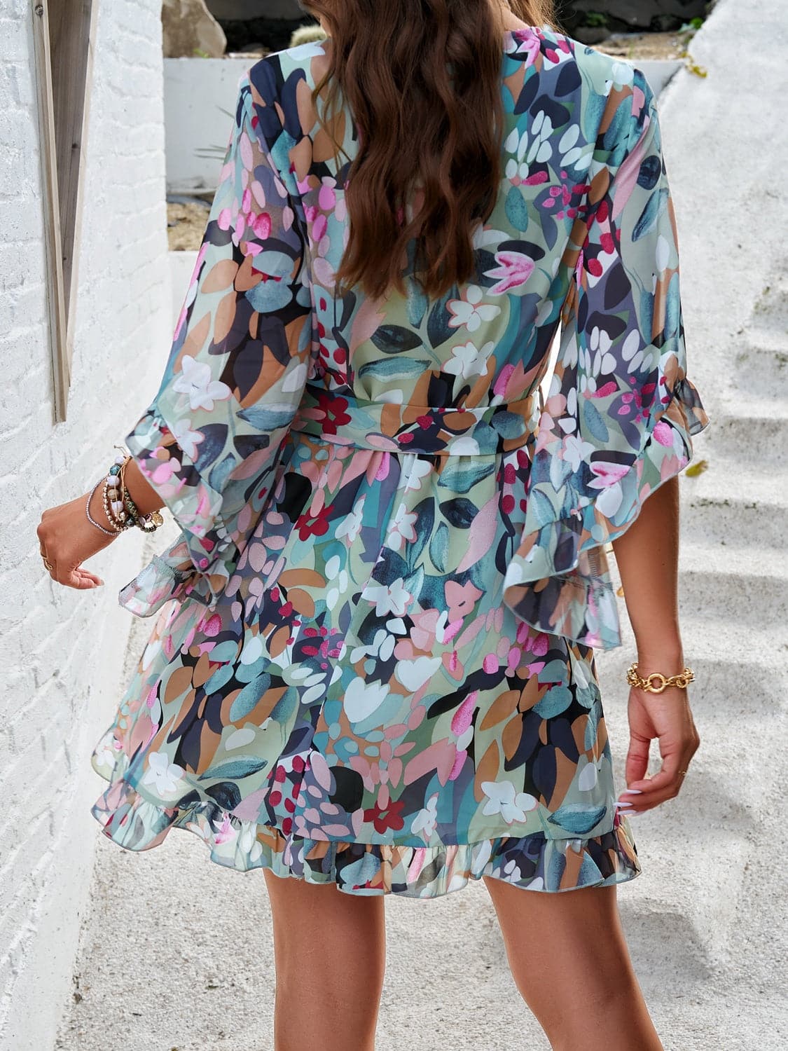 Ruffled Printed Surplice Half Sleeve Mini Dress.