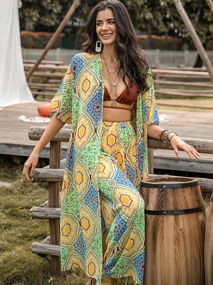 Printed Half Sleeve Top and Wide Leg Pants Set.