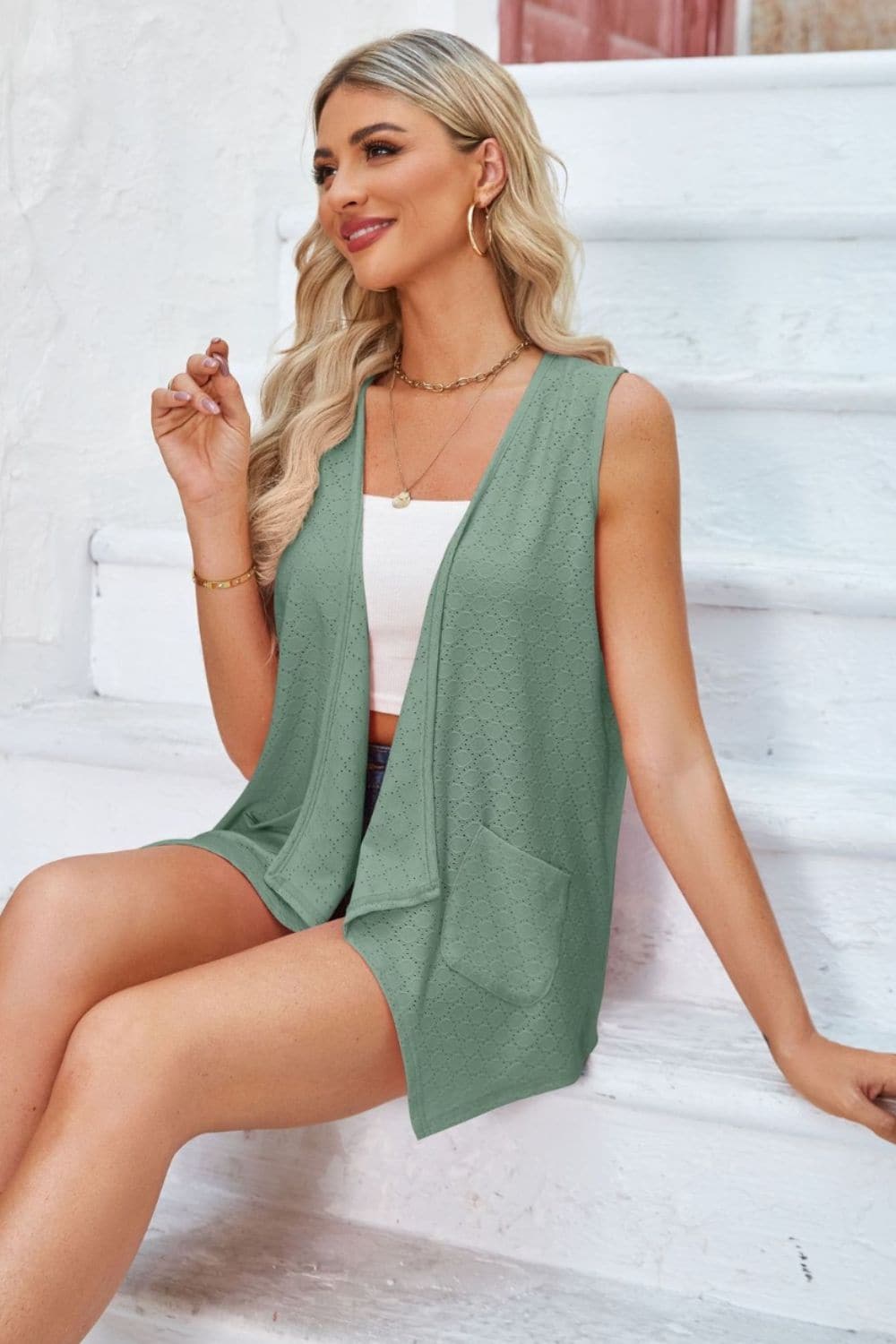 Eyelet Open Front Sleeveless Cardigan.