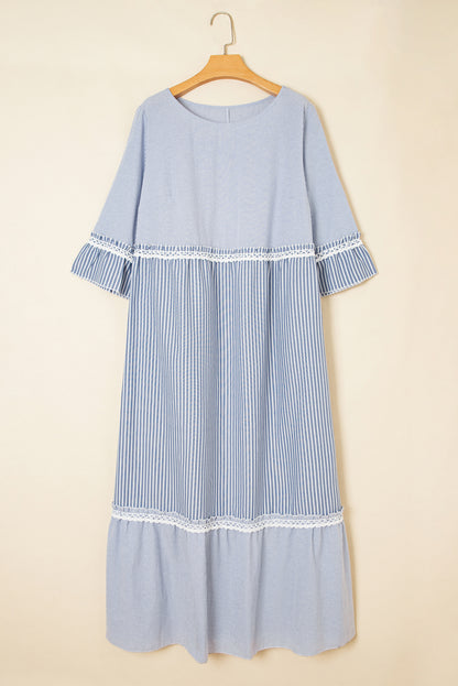 Sky Blue Stripe Crisscross Lace Patchwork Plus Size Dress