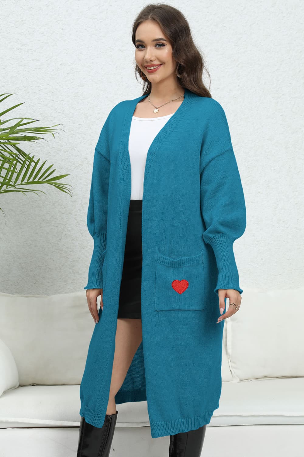 Lantern Sleeve Open Front Pocketed Cardigan.